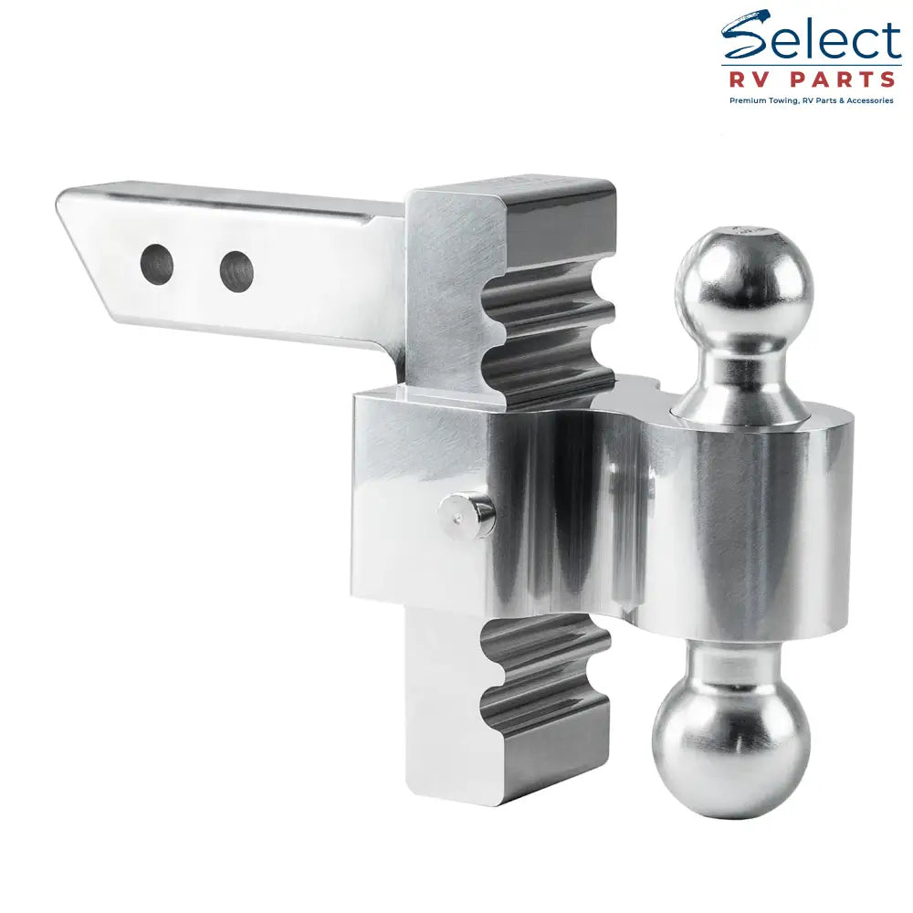 Metal trailer hitch ball mount on a white background