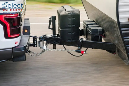 Tow bar attached to a vehicle with a trailer hitch, ready for towing.