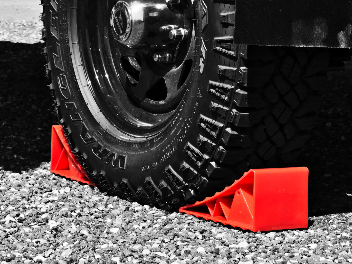 TUFF Chock in use on wheel 