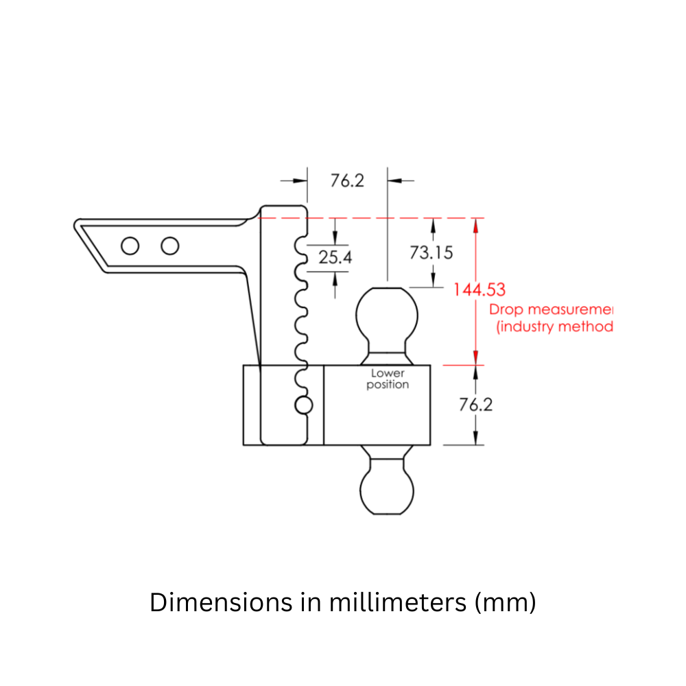 Andersen 6 inch rapid hitch dimension drawing in bottom location in drop position