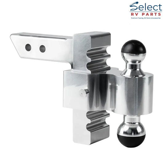 Metal trailer hitch with two ball attachments on a white background